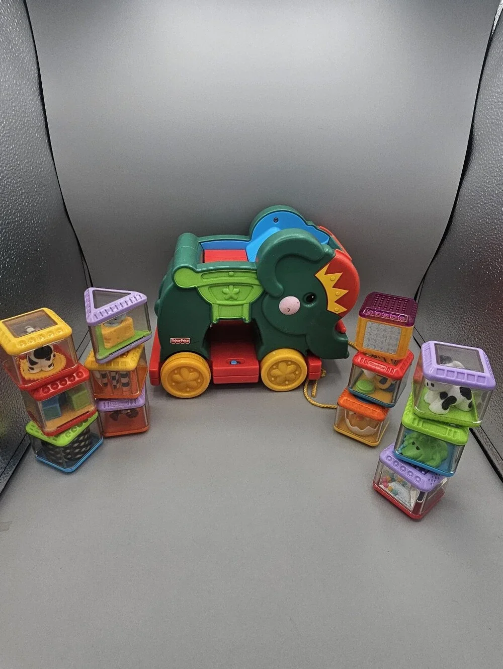 Vintage Fisher-Price Peek A Boo Pull Elephant Musical 12 Blocks Sensory WORKING
